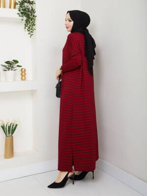 Bordo Çizgili Yanları Yırtmaç Detaylı Elbise - 2