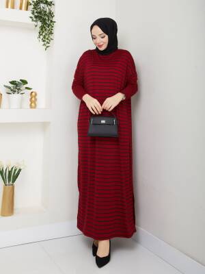Bordo Çizgili Yanları Yırtmaç Detaylı Elbise - 3