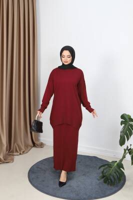 Bordo Düğme Detaylı Merserize Etekli Takım