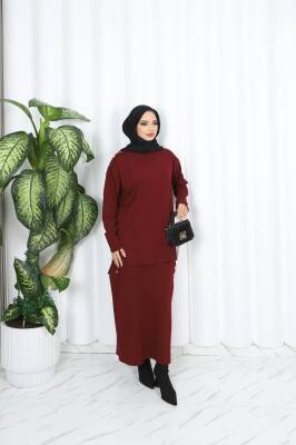 Bordo Düğmeli Merserize Etekli Takım 