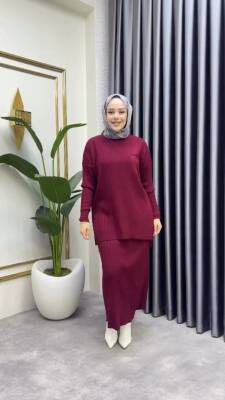 Bordo Örme Triko Cep Detaylı İkili Takım