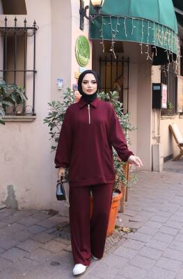 Bordo Oysho Kumaş Pantolonlu İkili Takım 