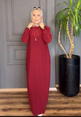 Bordo Sandy Kumaş Kemerli Piliseli Elbise