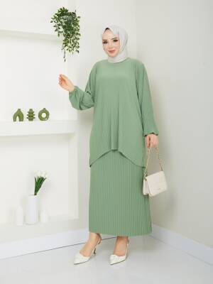 Çağla Yeşili Kendinden Piliseli Etekli İkili Takım