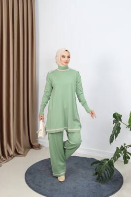 Çağla Yeşili Renkli Merserize Pantolonlu Takım