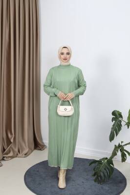 Çağla Yeşili Saç Örgülü Merserize Elbise