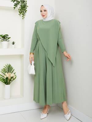 Çağla Yeşili Sandy Kumaş Çapraz Pantolonlu Takım