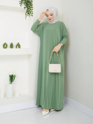 Çağla Yeşili Yarasa Kol Düz Sandy Elbise