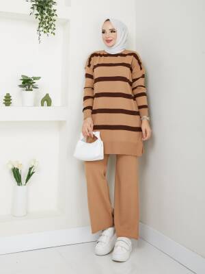 Camel Çizgili Triko Pantolonlu İkili Takım 