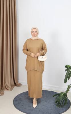 Camel Düğme Detaylı Merserize Etekli Takım