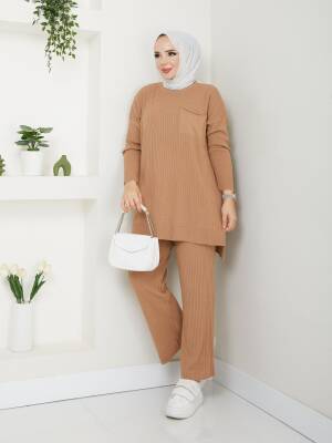 Camel Fitil Cep Detaylı Triko Pantolonlu İkili Takım