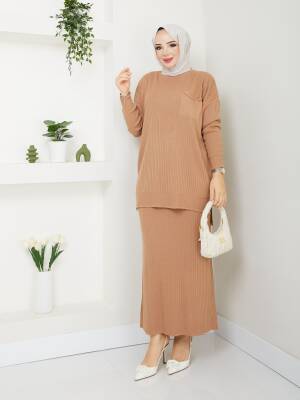 Camel Örme Triko Cep Detaylı İkili Takım