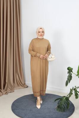 Camel Şeritli Çift Renk Merserize Elbise