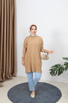 Camel Yırtmaçlı Merserize Tunik