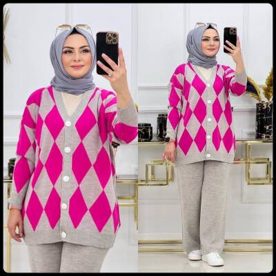 Fuşya Baklava Desen Triko İkili Takım