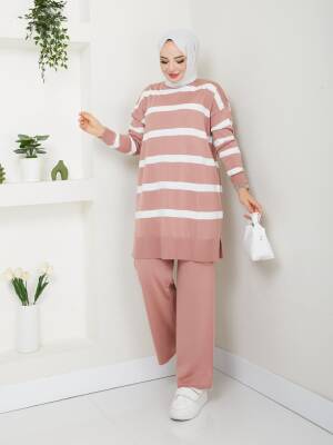 Gül Kurusu Çizgili Triko Pantolonlu İkili Takım 