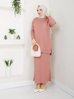 Gül Kurusu Örme Triko Cep Detaylı İkili Takım