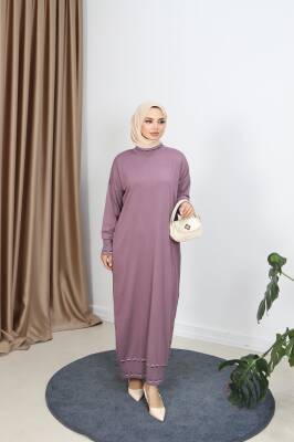 Gül Kurusu Şeritli Çift Renk Merserize Elbise