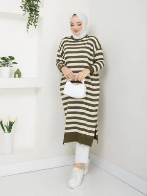 Haki Yeşili Çizgili Triko Tunik