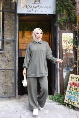 Haki Yeşili Oysho Kumaş Pantolonlu İkili Takım 