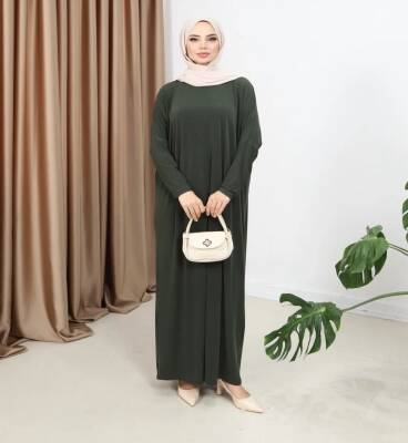 Haki Yeşili Yarasa Kol Düz Sandy Elbise