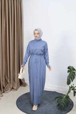 İndigo Mavi Bağcıklı Merserize Elbise