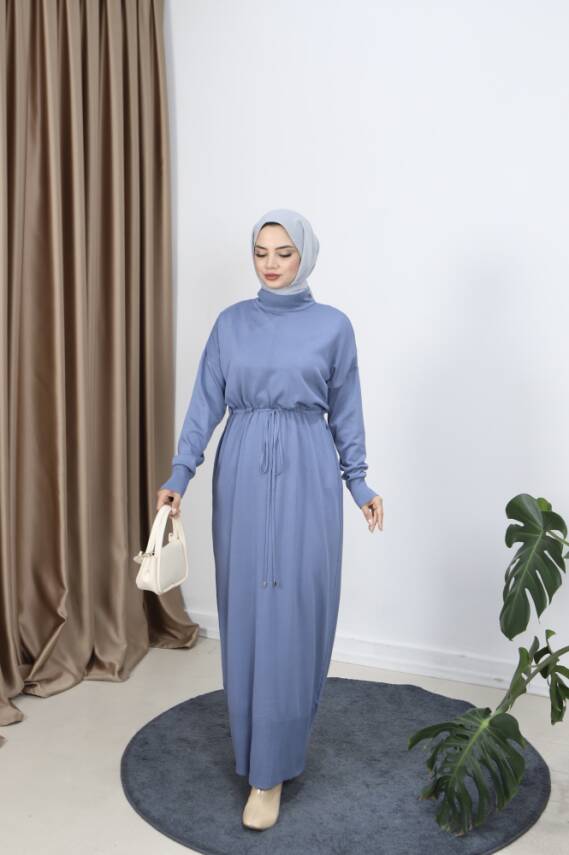 İndigo Mavi Bağcıklı Merserize Elbise - 1