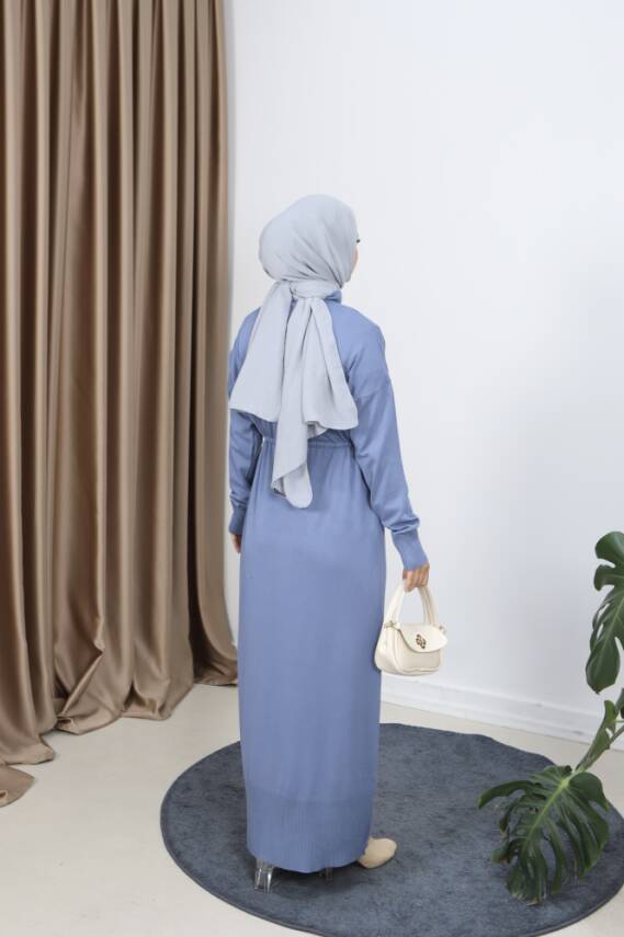 İndigo Mavi Bağcıklı Merserize Elbise - 2