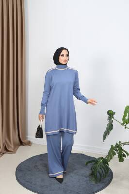 İndigo Mavi Çift Renkli Merserize Pantolonlu Takım