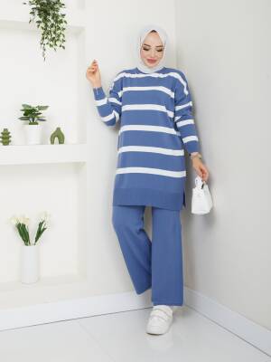 İndigo Mavi Çizgili Triko Pantolonlu İkili Takım 