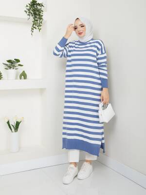 İndigo Mavi Çizgili Triko Tunik
