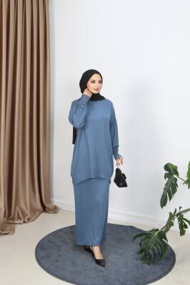 İndigo Mavi Düğme Detaylı Merserize Etekli Takım