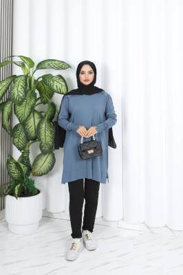 İndigo Mavi Düğme Detaylı Merserize Triko Tunik  