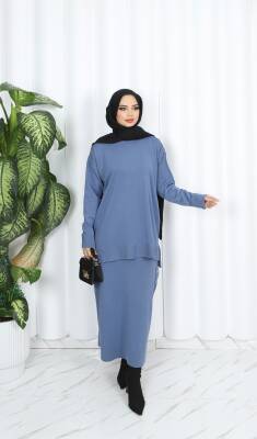 İndigo Mavi Düğmeli Merserize Etekli Takım 