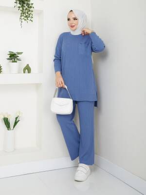 İndigo Mavi Fitil Cep Detaylı Triko Pantolonlu İkili Takım