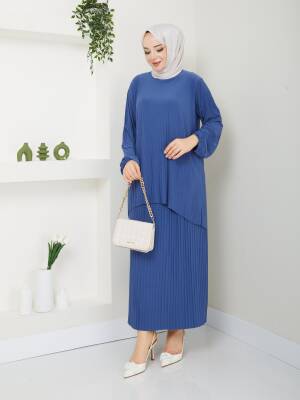 İndigo Mavi Kendinden Piliseli Etekli İkili Takım