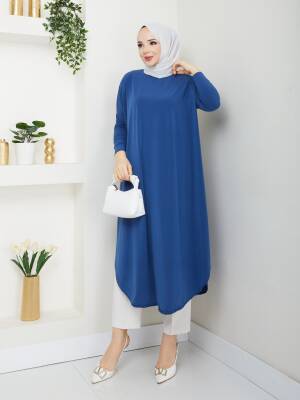 İndigo Mavi Yanları Yırtmaçlı Sandy Tunik