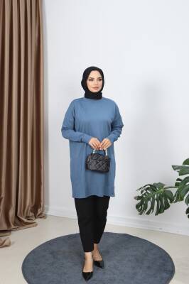 İndigo Mavi Yırtmaçlı Merserize Tunik