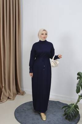 Lacivert Bağcıklı Merserize Elbise