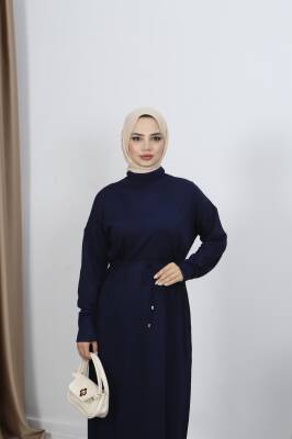 Lacivert Bağcıklı Merserize Elbise - 2