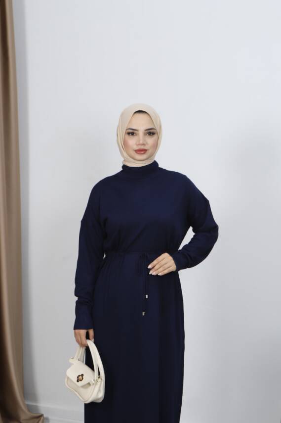 Lacivert Bağcıklı Merserize Elbise - 2