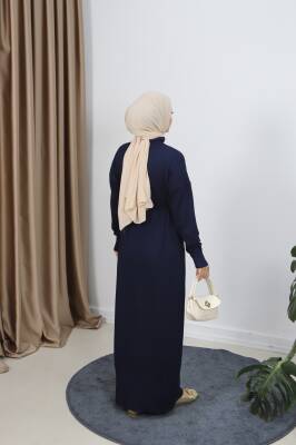 Lacivert Bağcıklı Merserize Elbise - 3