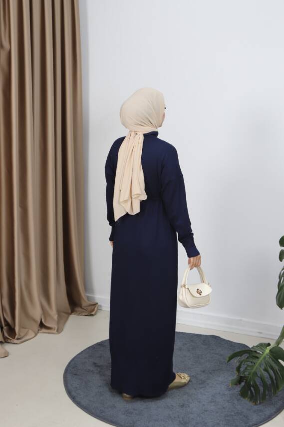 Lacivert Bağcıklı Merserize Elbise - 3