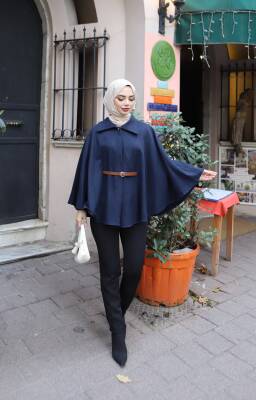 Lacivert Kemerli Pelerin Panço 