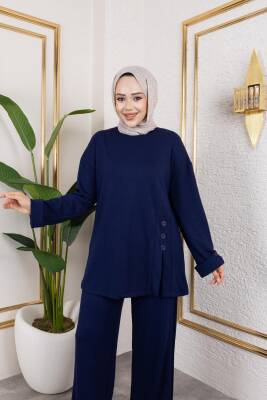 Lacivert Oysho Kumaş Düğme Detaylı Pantolonlu İkili Takım 
