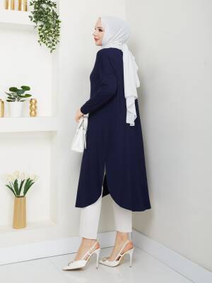 Lacivert Yanları Yırtmaçlı Viskon Penye Tunik