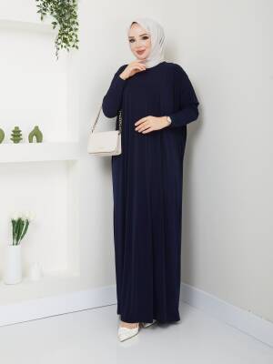 Lacivert Yarasa Kol Düz Sandy Elbise