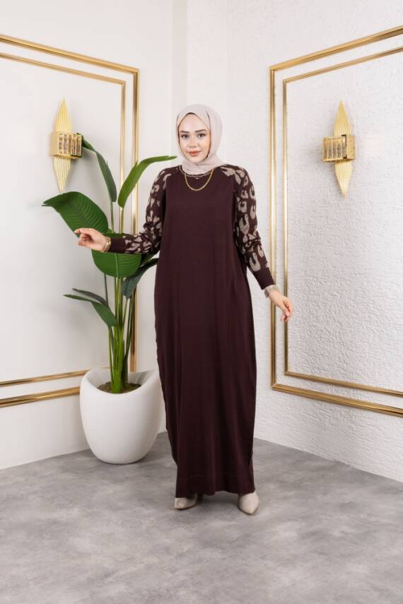 Leopar Desenli Acı Kahve Merserize Elbise - 1