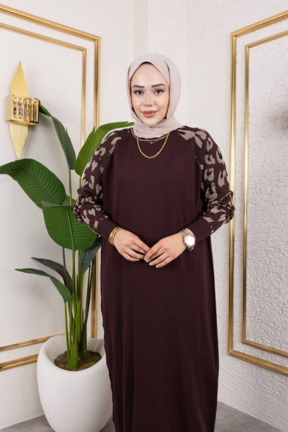 Leopar Desenli Acı Kahve Merserize Elbise - 2