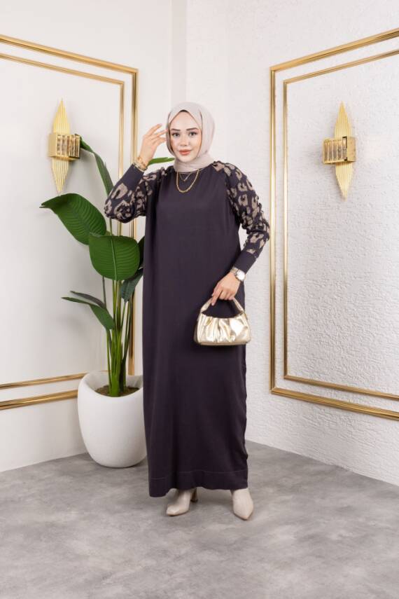 Leopar Desenli Antrasit Gri Merserize Elbise - 1